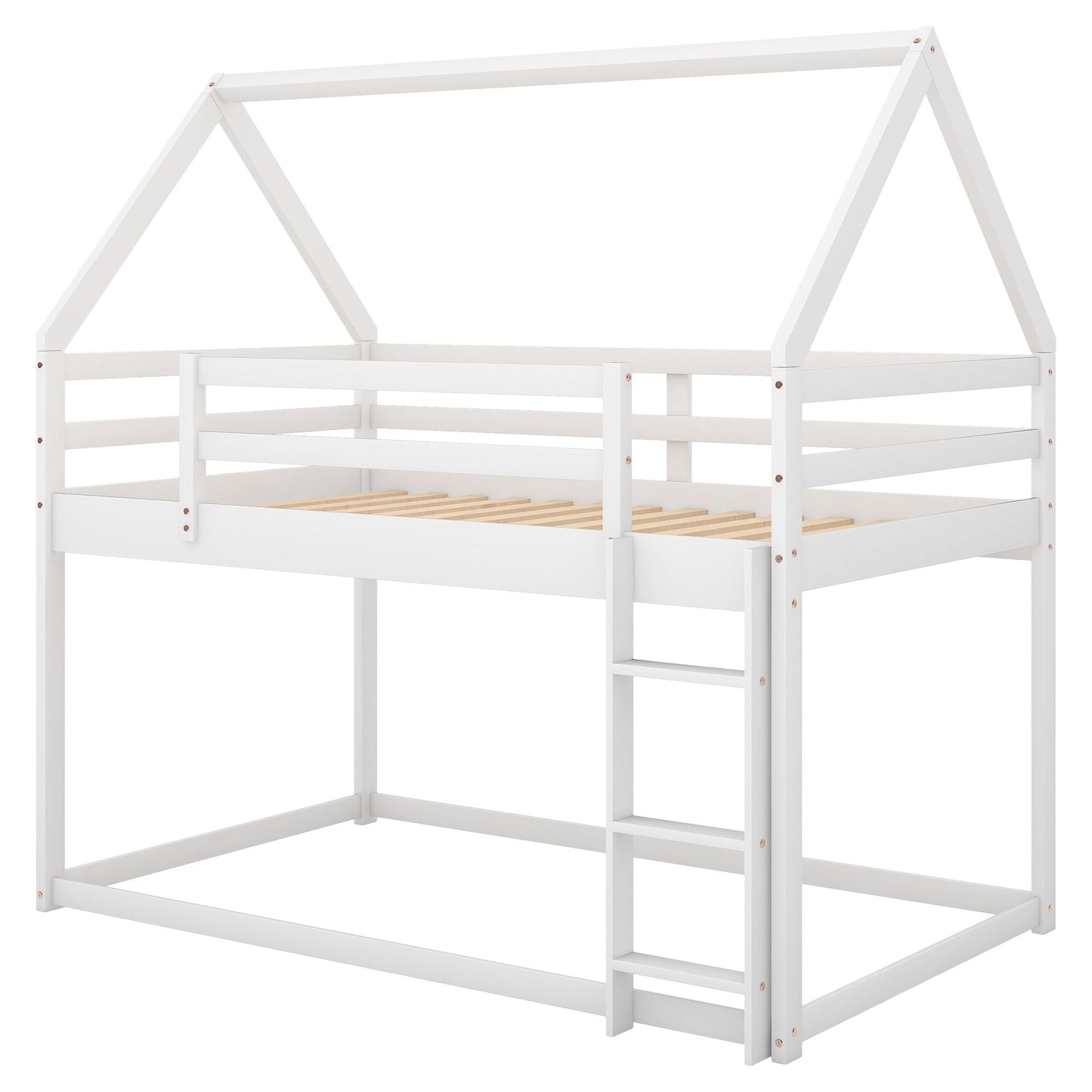 House-Style Low Twin Over Twin Wood Bunk Bed with Ladder, White | Just Better Bunk Beds