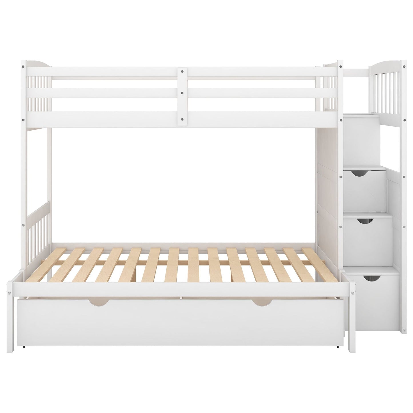 Convertible Twin Over Full Wood Bunk Bed with Storage Shelves and Drawers, White | Just Better Bunk Beds