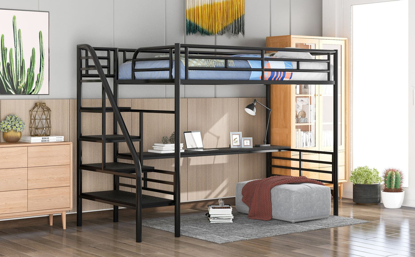 Space-Saving Twin Metal Loft Bed Frame with Desk, Black | Just Better Bunk Beds