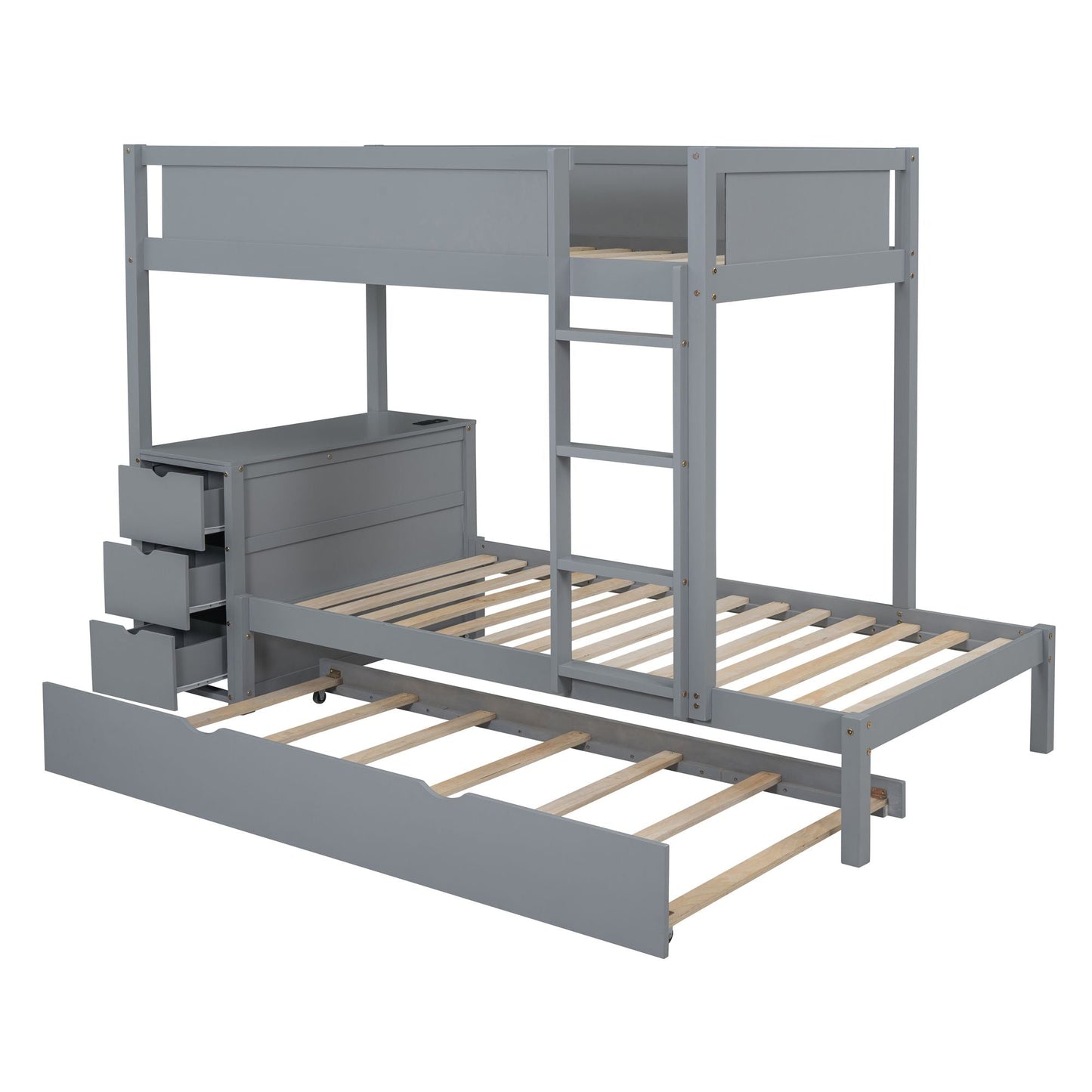 Space-Saving Twin Over Twin Wood Bunk Bed with Twin Trundle, Storage, Desk, Gray | Just Better Bunk Beds