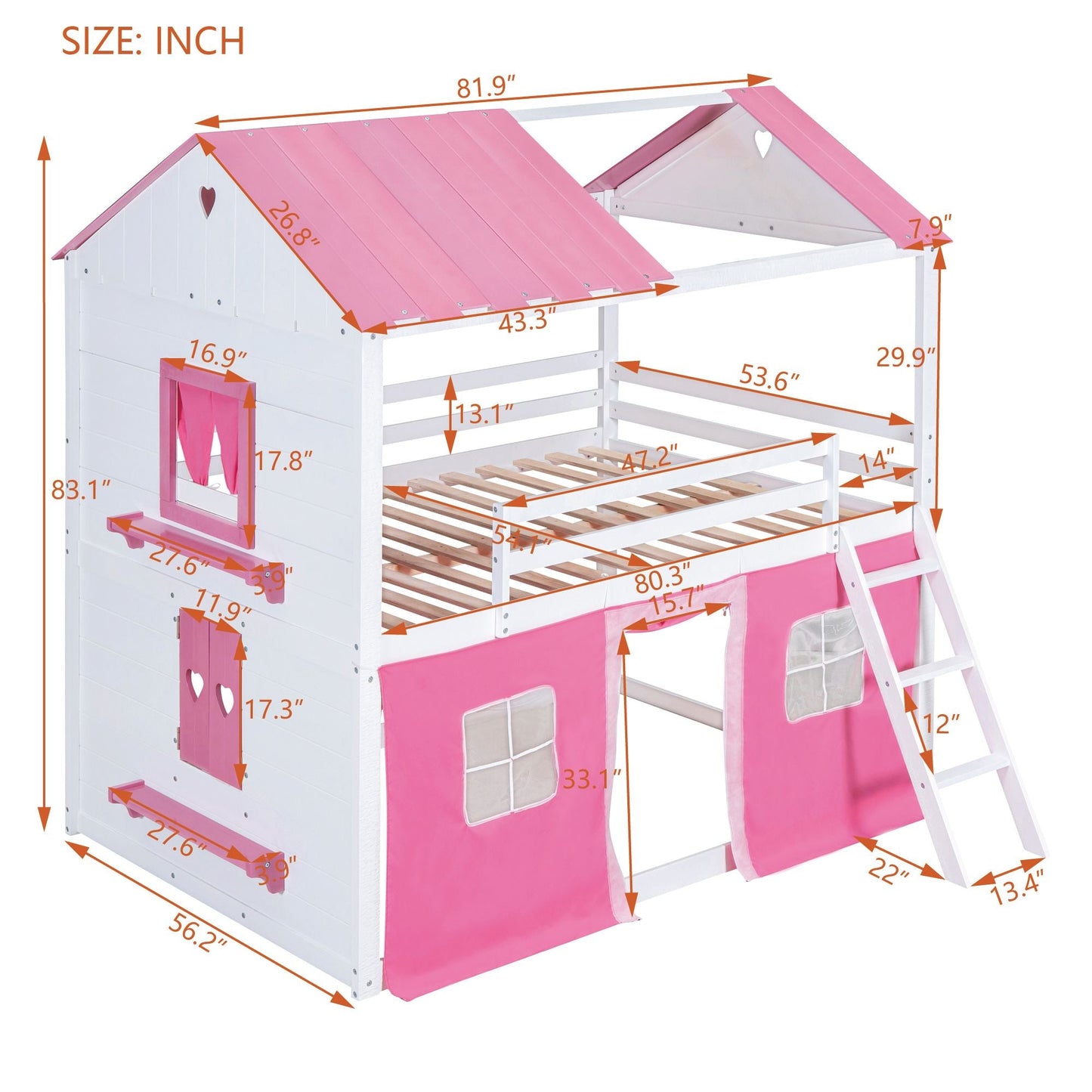House-Style Full Wood Bunk Bed with Windows, Sills and Tent, Pink and White | Just Better Bunk Beds