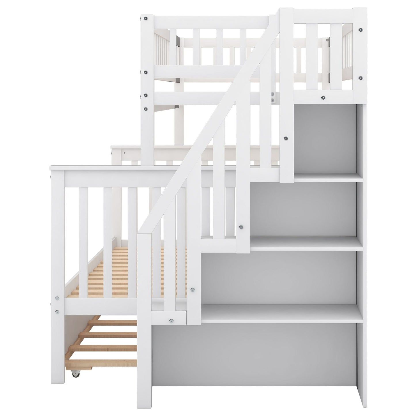 Shared Room Solution Twin Over Full Wood Bunk Bed with Trundle and Staircase, White | Just Better Bunk Beds