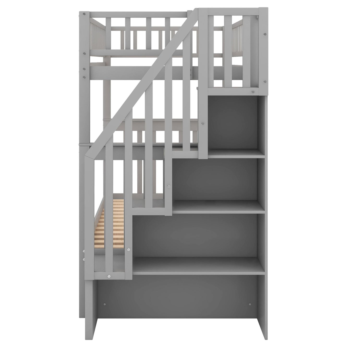 Storage-Enhanced Twin Over Twin Wood Bunk Bed with Trundle, Gray | Just Better Bunk Beds