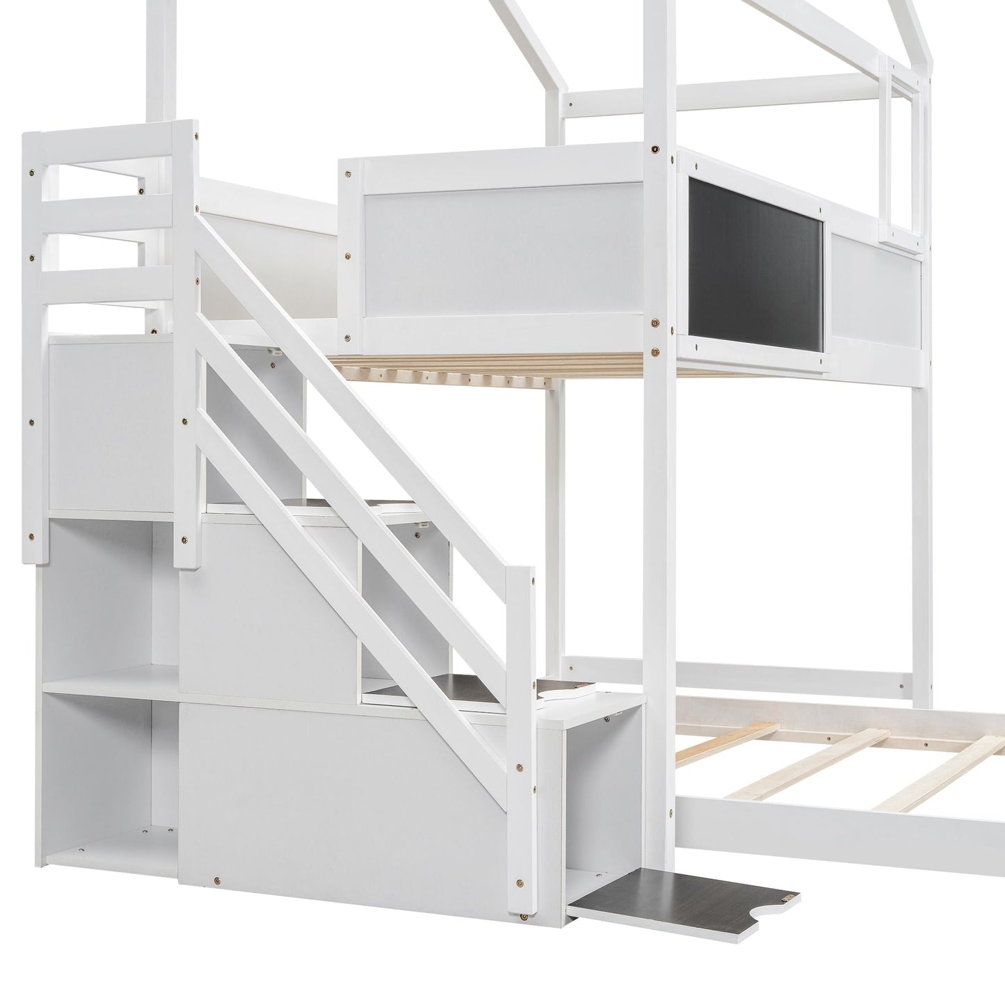 Staircase Storage Twin Over Full Wood House Bunk Bed with Blackboard, Gray and White | Just Better Bunk Beds