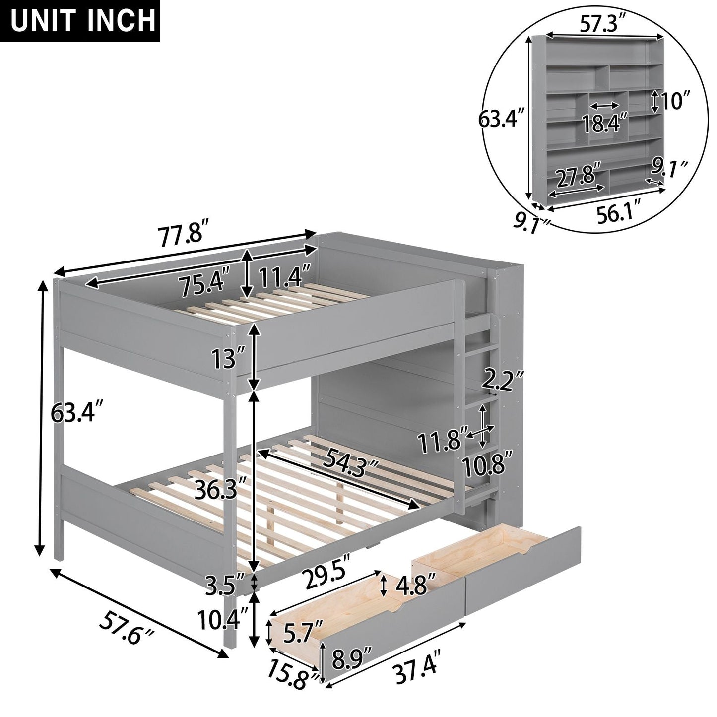 Storage Full Over Full Wood Bunk Bed with 2 Drawers and Multi-Layer Cabinet, Gray | Just Better Bunk Beds