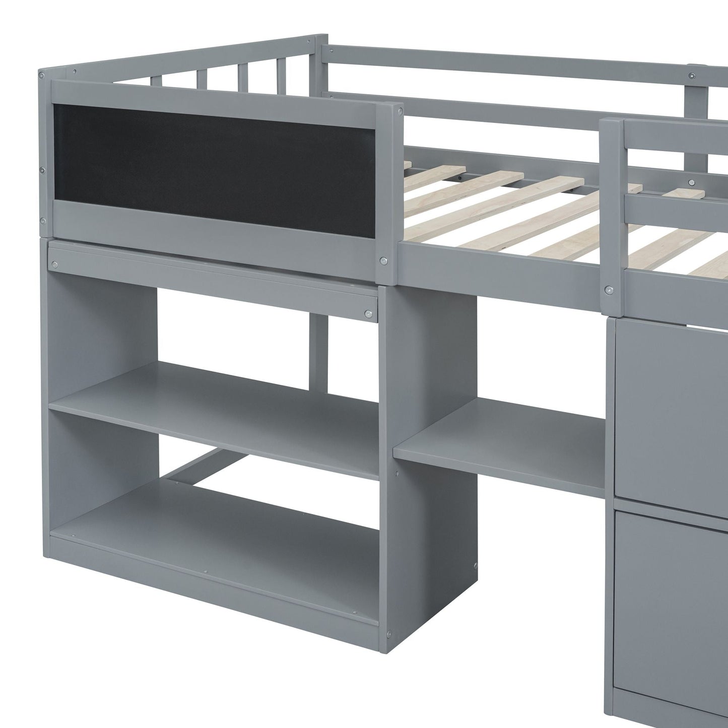 Space-Saving Twin Low Loft Wood Bed with Rolling Desk, Shelf, Drawers, White | Just Better Bunk Beds