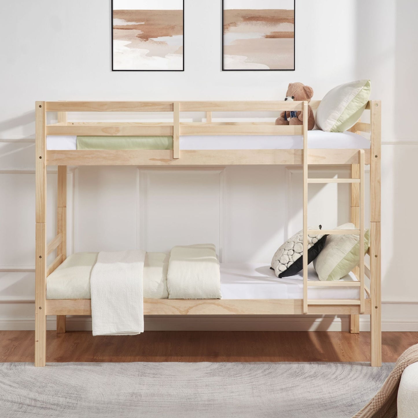 Heavy-Duty Twin Over Twin Wood Bunk Bed, Natural with Thick Posts, Ladder, and High Guardrail | Just Better Bunk Beds