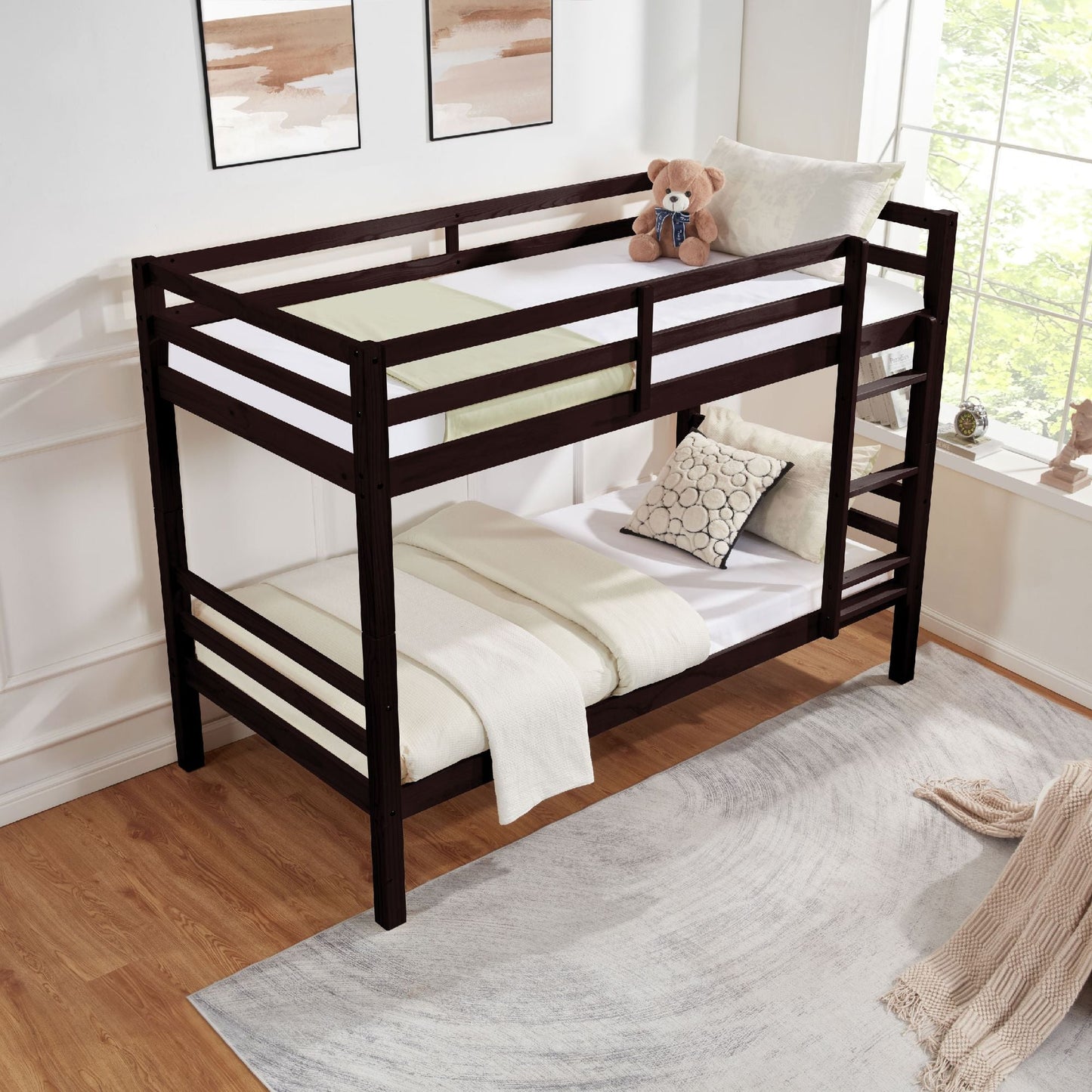 Heavy-Duty Twin Over Twin Wood Bunk Bed, Espresso with Thick Posts, Ladder, and High Guardrail | Just Better Bunk Beds