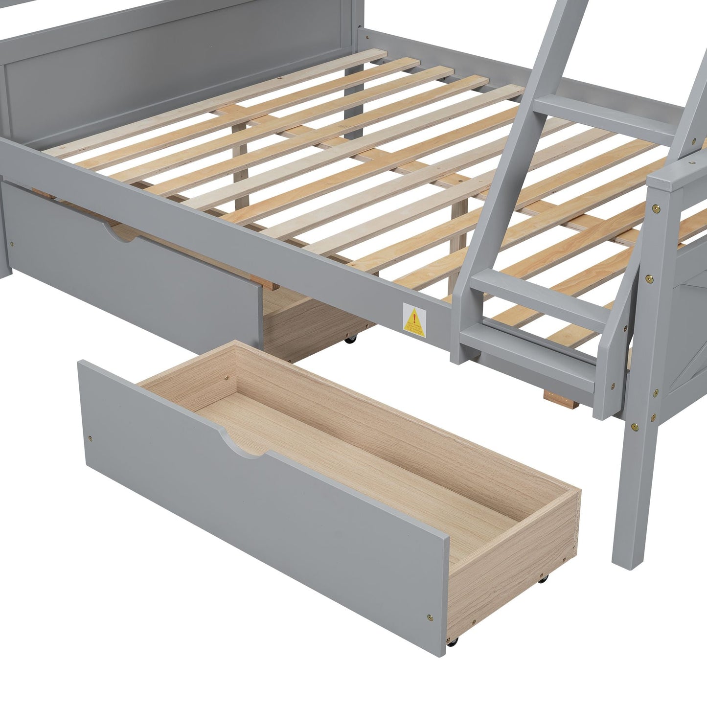 Heavy-Duty Twin Over Full Wood Bunk Bed with Ladder, Storage Drawers, Safety Guardrail, Gray | Just Better Bunk Beds