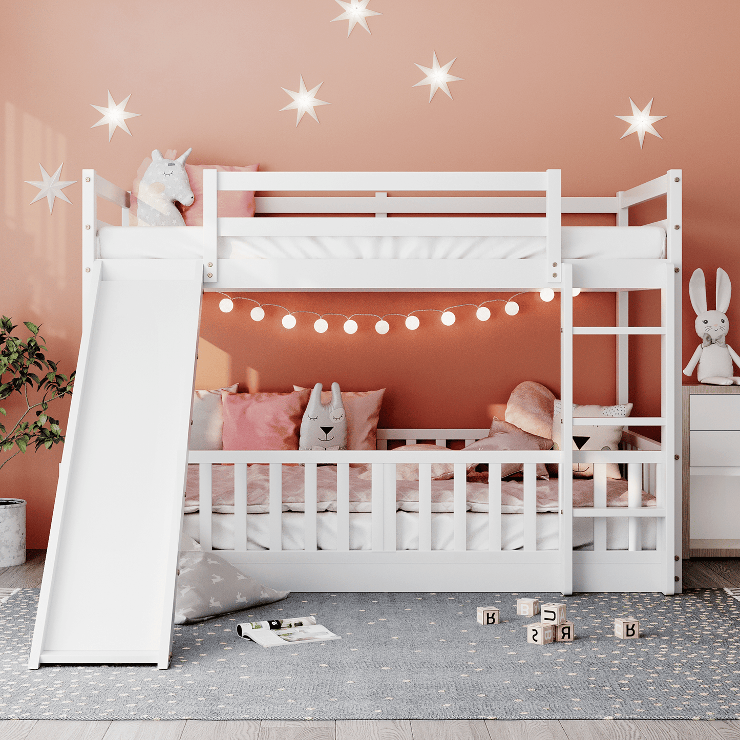 Kids Bedroom Twin Over Twin Wood Bunk Bed with Slide and Ladder, White | Just Better Bunk Beds