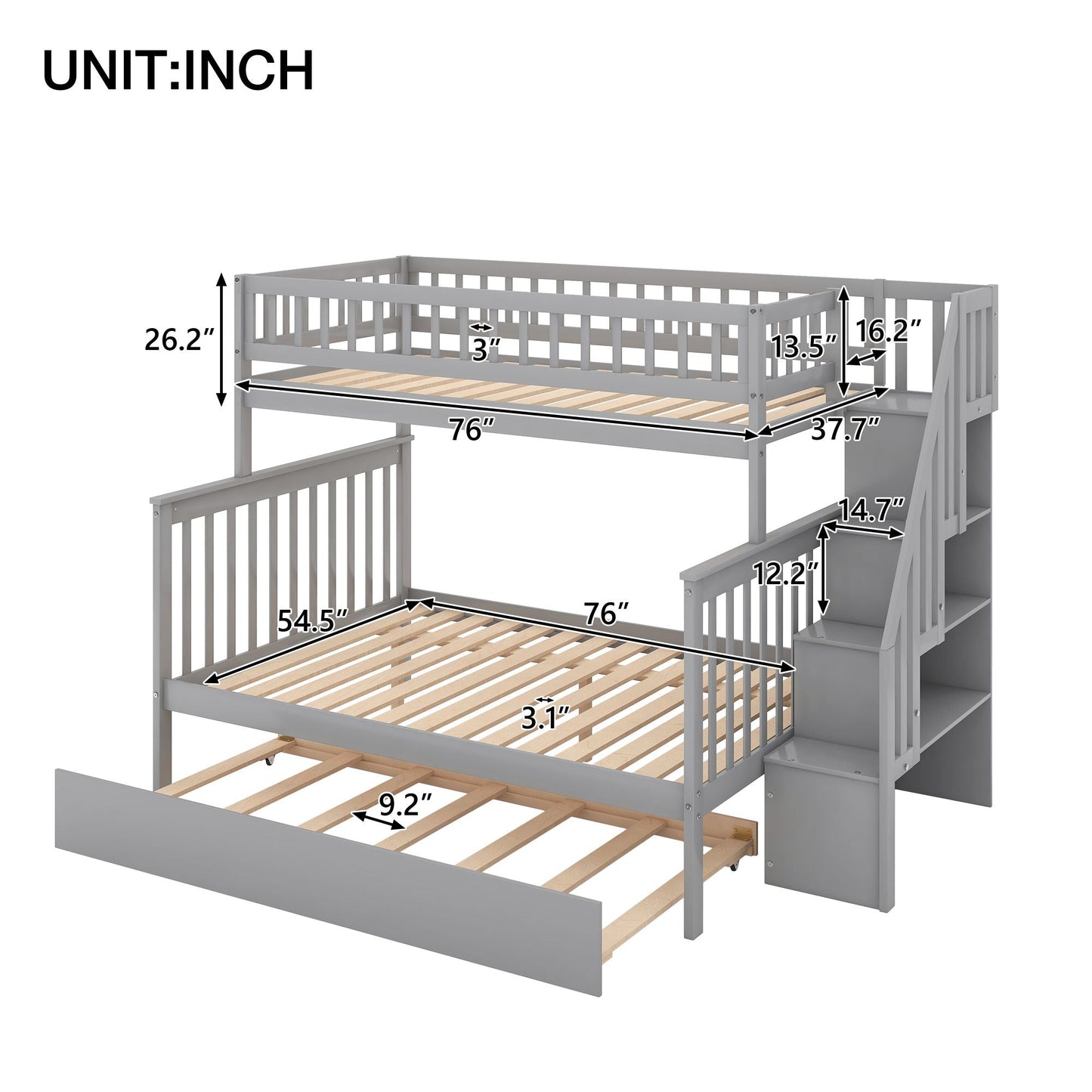 Shared Room Solution Twin Over Full Wood Bunk Bed with Trundle and Staircase, White | Just Better Bunk Beds