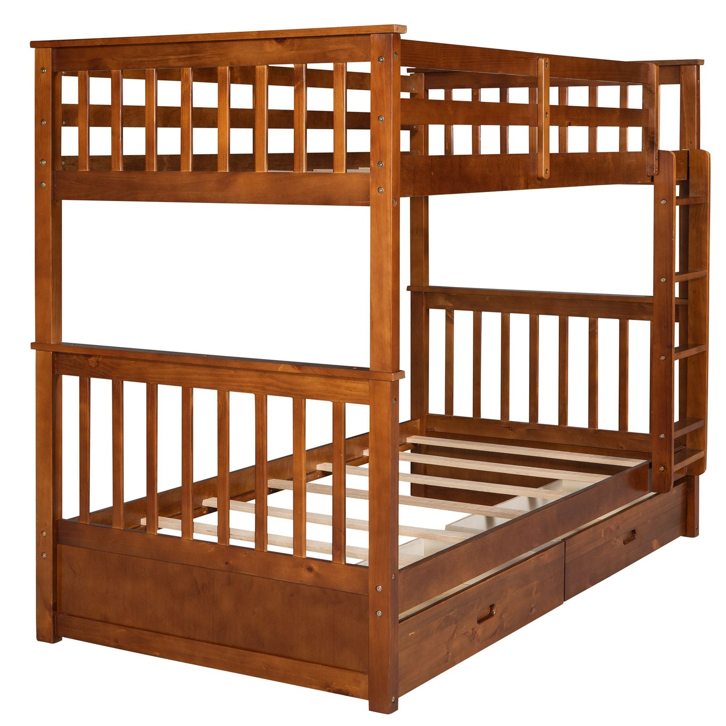 Storage-Enhanced Twin Over Twin Wood Bunk Bed with Ladders, Two Drawers, White | Just Better Bunk Beds