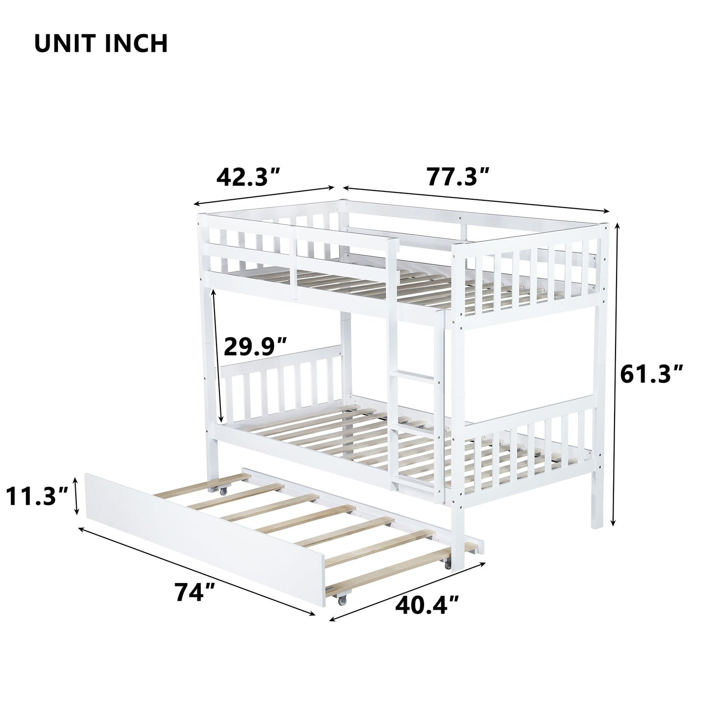 Convertible Twin Over Twin Rubber Wood Bunk Bed with Trundle, Ladder, Safety Guardrails, White | Just Better Bunk Beds