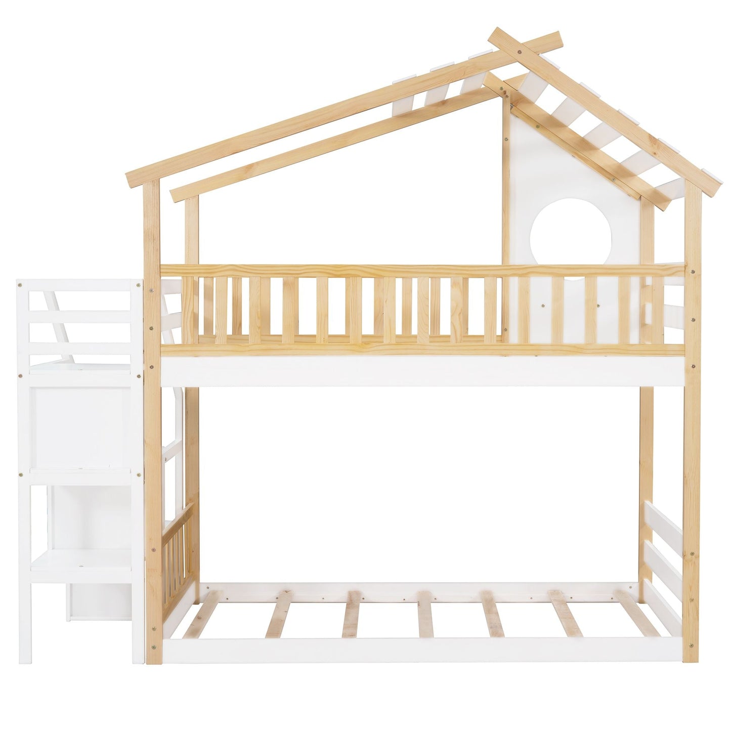 Staircase Storage Twin Over Twin Wood Bunk Bed with House Style, Storage, and Guard Rail, Natural and White | Just Better Bunk Beds