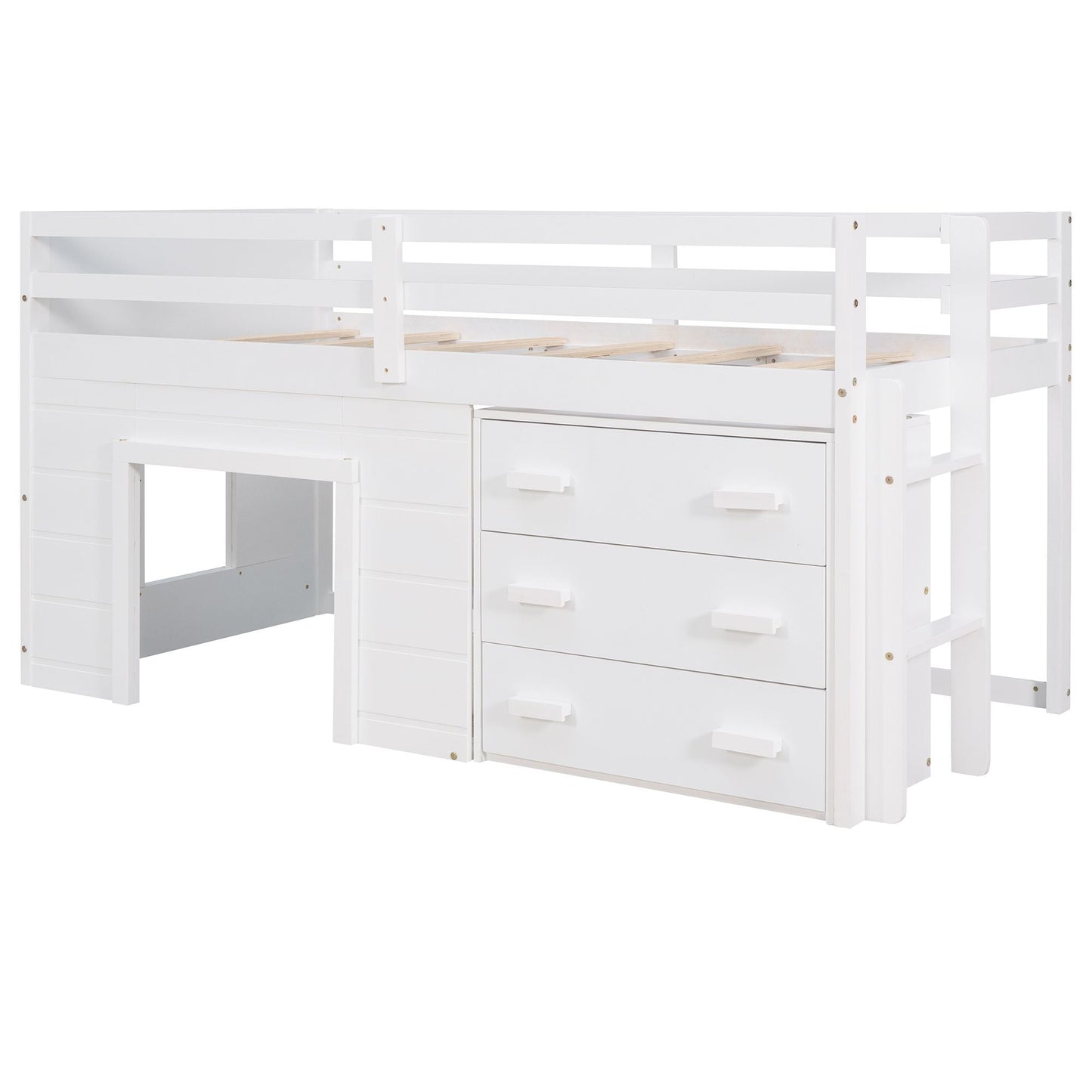 Kids Bedroom Twin Wood Loft Bed with Cabinet and Shelf, White | Just Better Bunk Beds