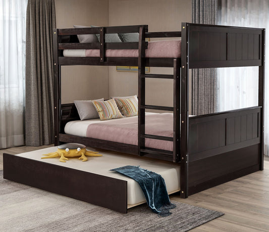 Space-Saving Full Over Full Wood Bunk Bed with Twin Trundle, Espresso | Just Better Bunk Beds