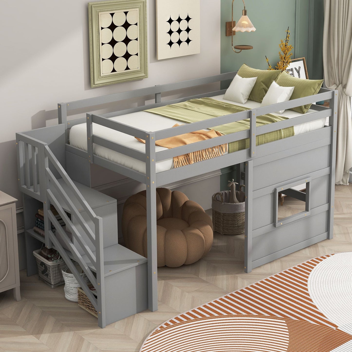 Space-Saving Twin Loft Wood Bed with Storage Staircase and Window, White | Just Better Bunk Beds