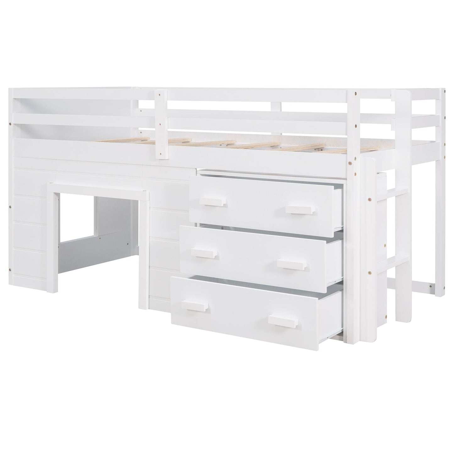 Kids Bedroom Twin Wood Loft Bed with Cabinet and Shelf, White | Just Better Bunk Beds