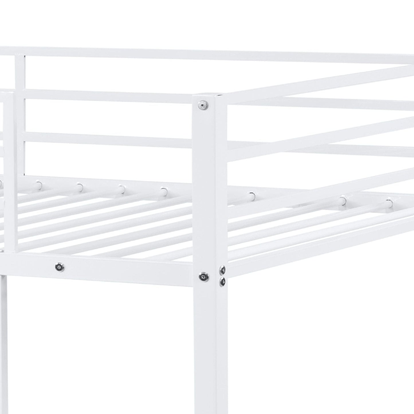 Space-Saving Low Profile Twin Over Twin Metal Bunk Bed with Ladder, White | Just Better Bunk Beds