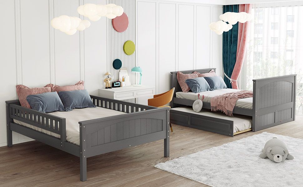 Shared Room Solution Full Over Full Pine Wood Bunk Bed with Twin Trundle and Guardrails, Brushed Gray | Just Better Bunk Beds
