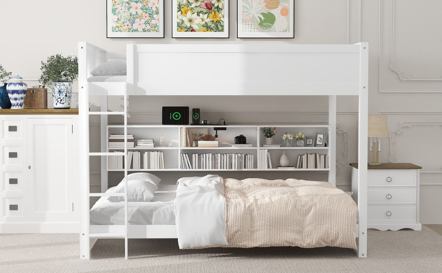Shared Room Solution Queen Over Queen Wood Bunk Bed with Storage and USB Ports, White | Just Better Bunk Beds