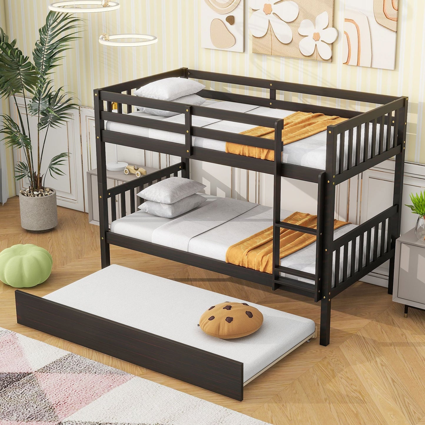 Convertible Twin Over Twin Rubber Wood Bunk Bed with Trundle, Ladder and Safety Guardrails, Espresso | Just Better Bunk Beds