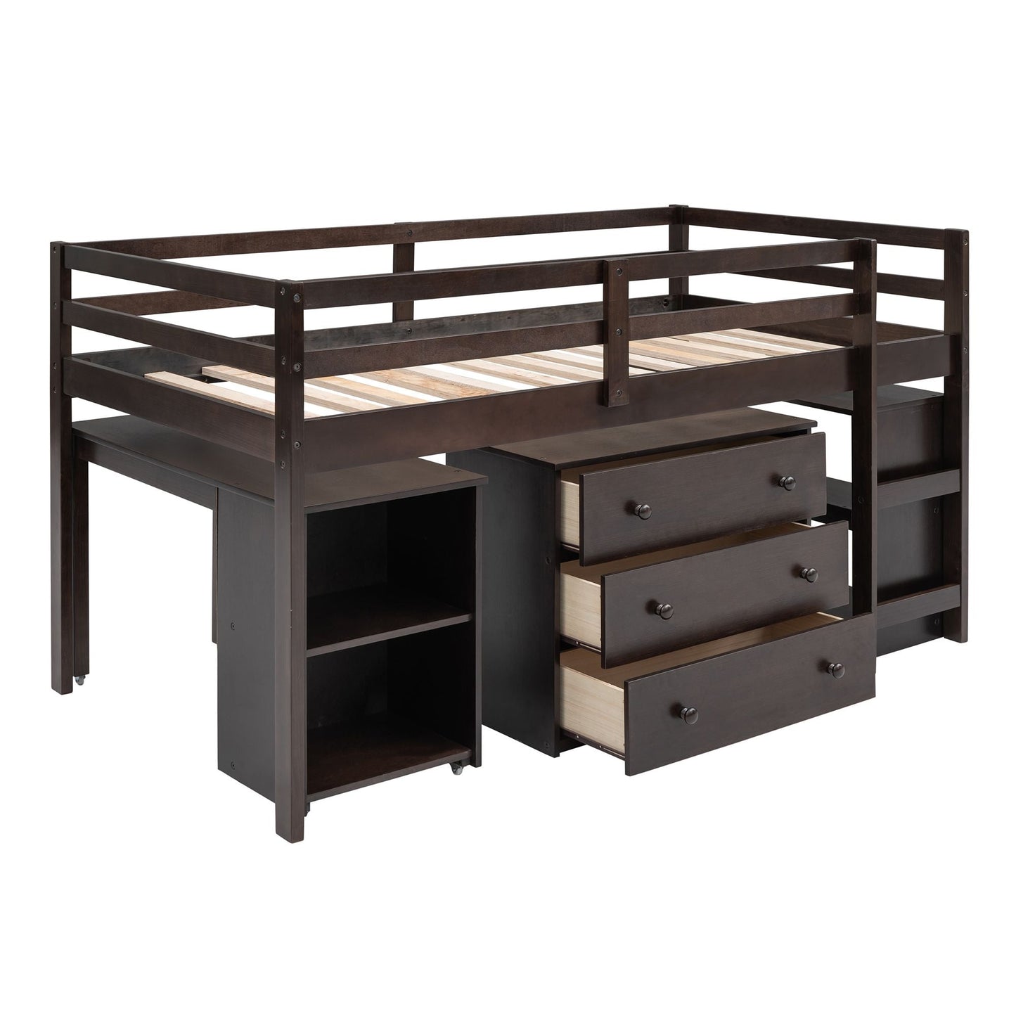 Kids Bedroom Twin Wood Loft Bed with Cabinet and Rolling Desk, White | Just Better Bunk Beds