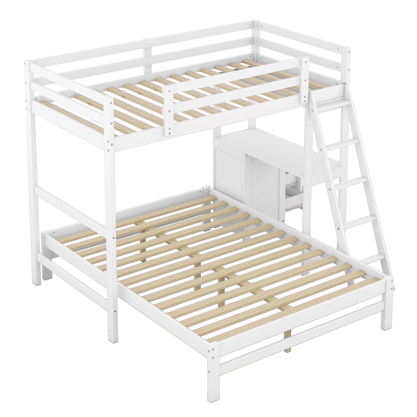 Space-Saving Twin Over Full Wood Bunk Bed with Built-in Desk and Drawers, White | Just Better Bunk Beds