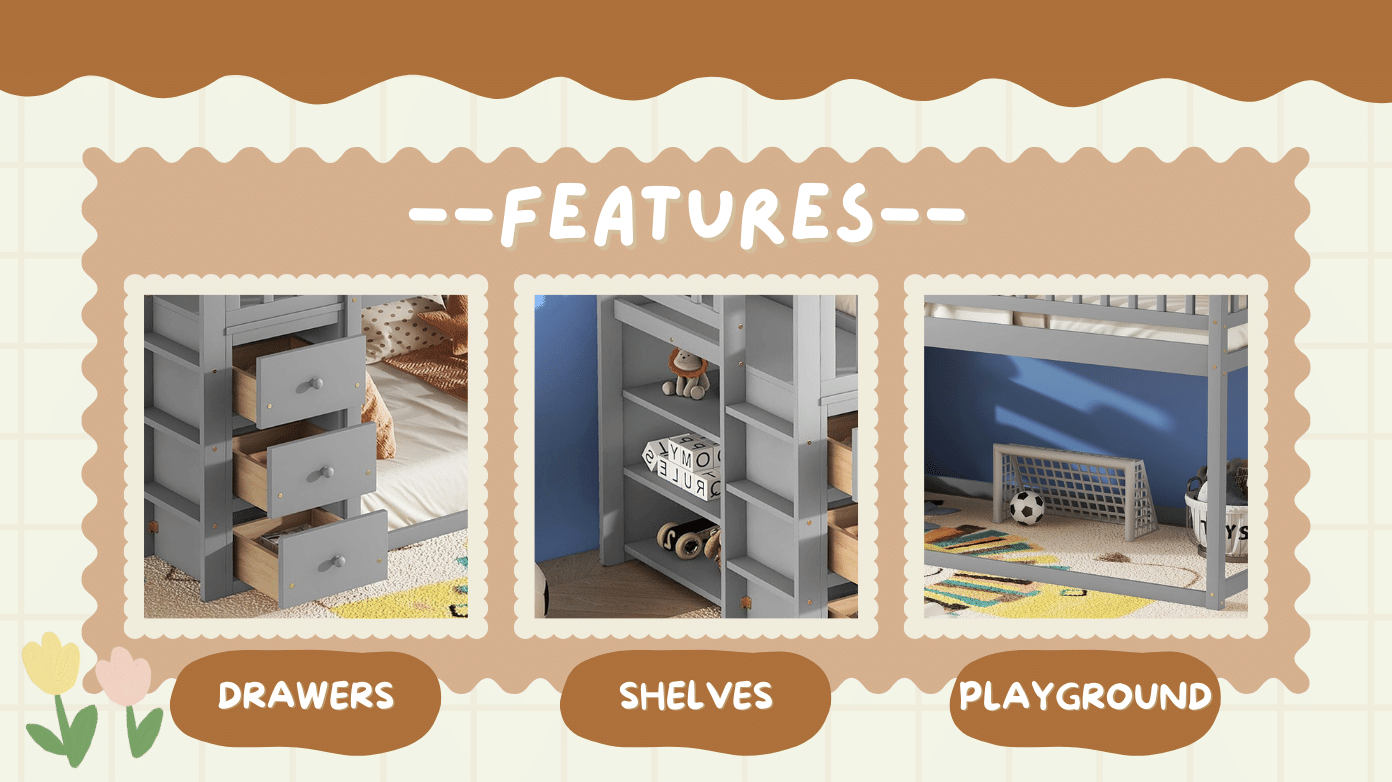 House-Style Twin Over Twin Wood Bunk Bed with Shelves and Drawers, Gray | Just Better Bunk Beds