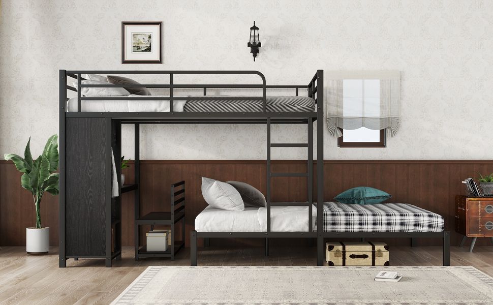 Shared Room Solution Queen Over Queen Metal Bunk Bed with Built-in Wardrobe, Desk, and Storage Chairs, Black | Just Better Bunk Beds