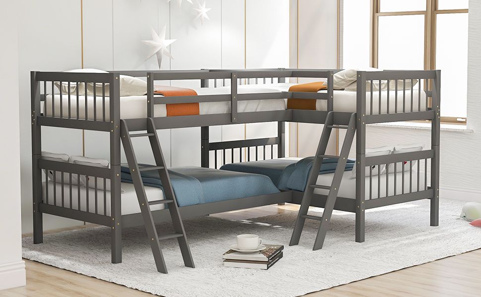 L-Shaped Bunk Bed with Ladder, Twin Size-Gray