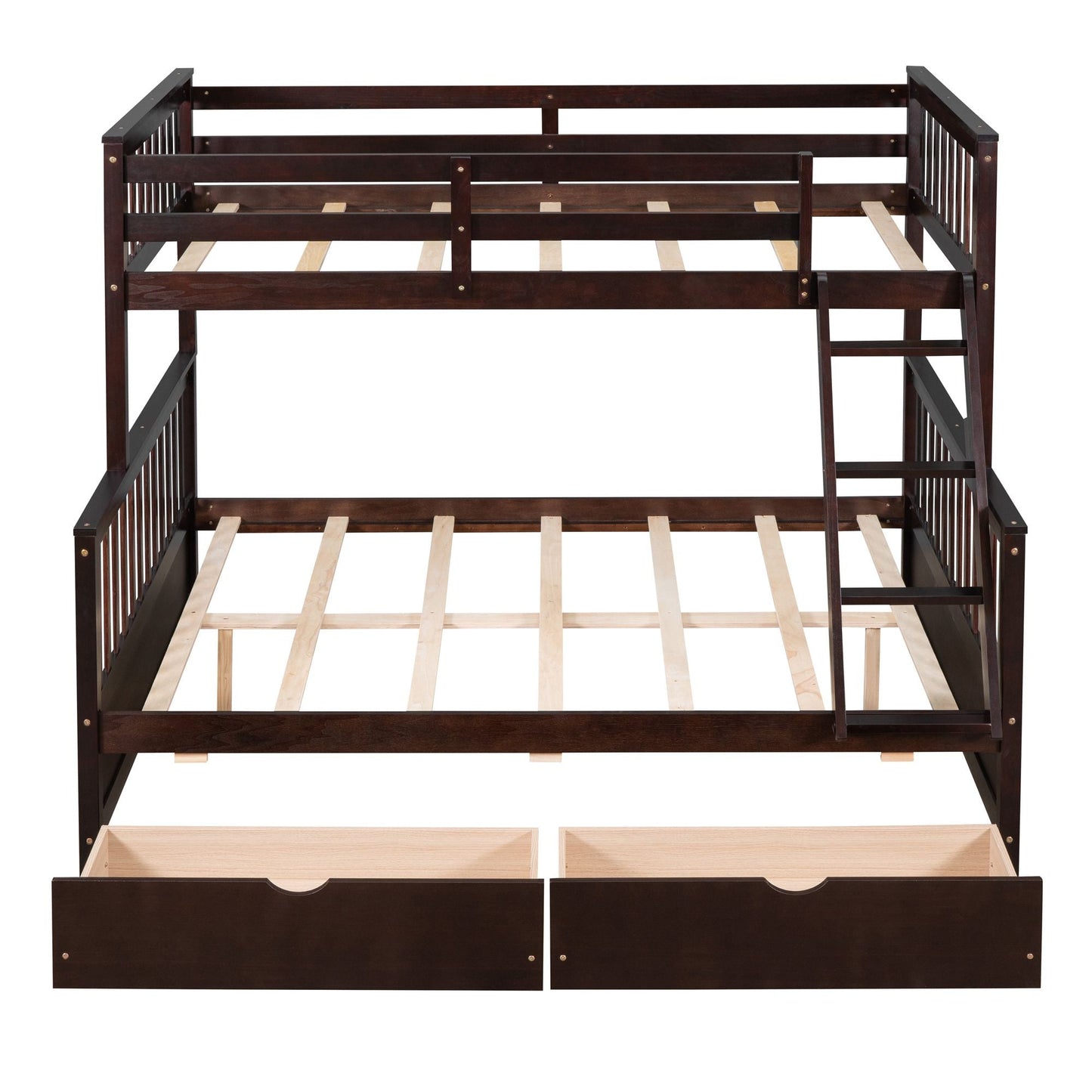 Heavy-Duty Twin Over Full Wood Bunk Bed with Ladder and Two Storage Drawers, Espresso | Just Better Bunk Beds