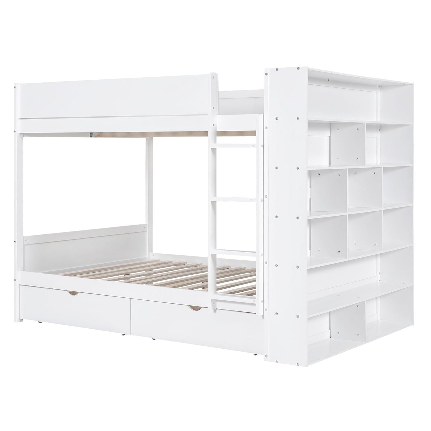 Organized Full Over Full Wood Bunk Bed with 2 Drawers and Multi-Layer Cabinet, White | Just Better Bunk Beds