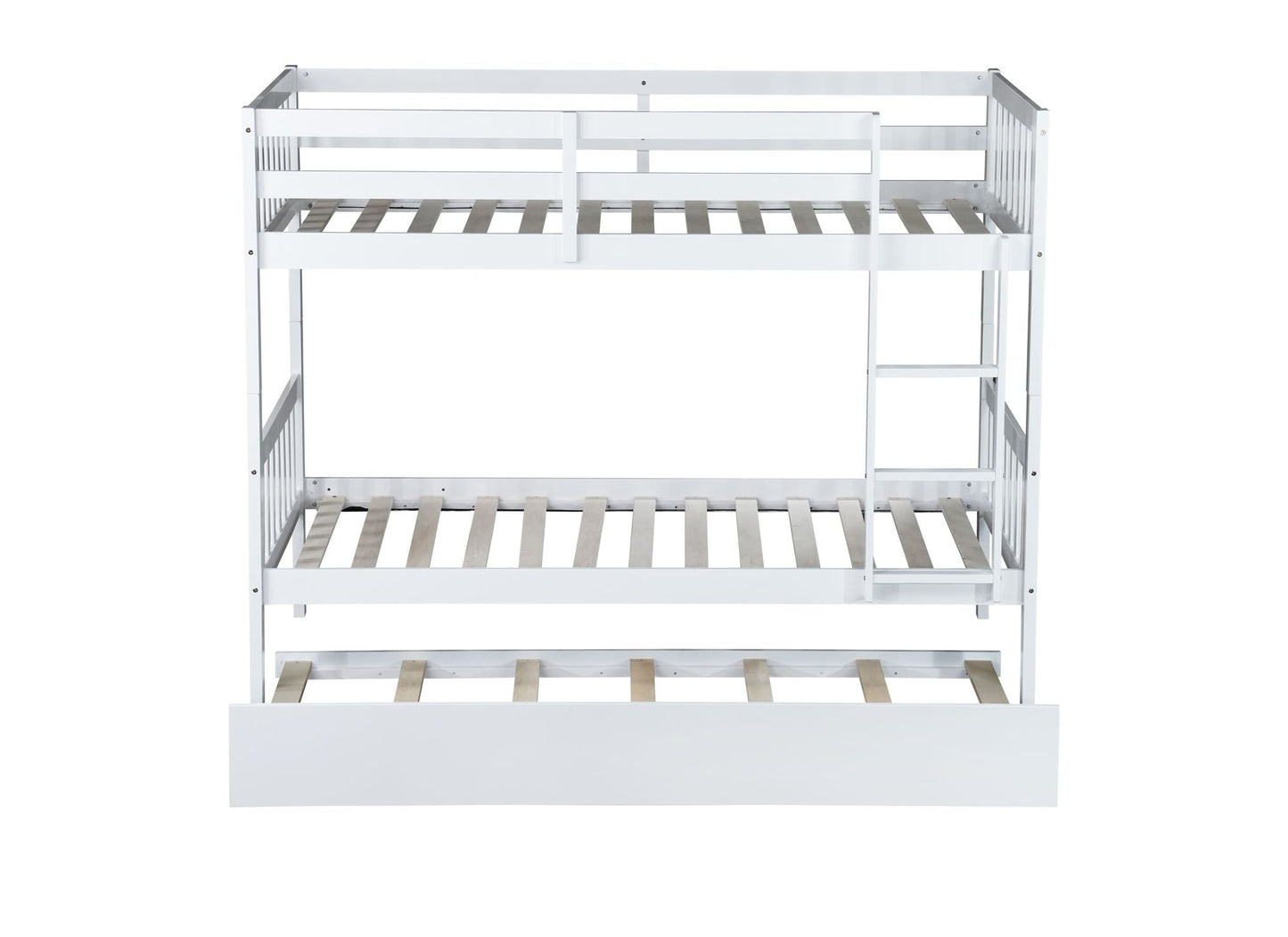Convertible Twin Over Twin Rubber Wood Bunk Bed with Trundle, Ladder, Safety Guardrails, White | Just Better Bunk Beds