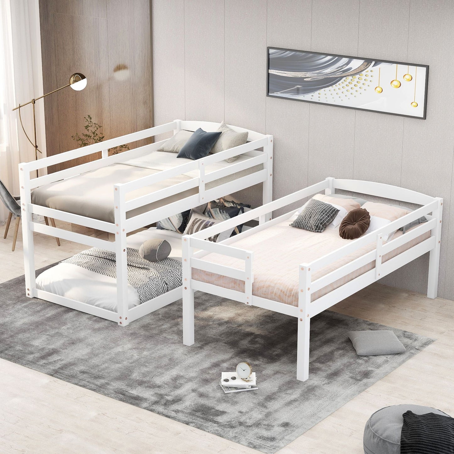 Shared Room Solution Twin Triple Wood Bunk Bed with Storage Staircase, White | Just Better Bunk Beds