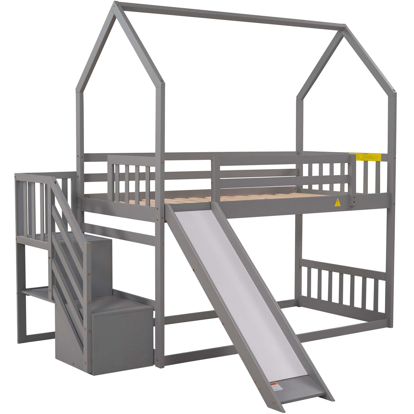 House-Style Twin Over Twin Wood Bunk Bed with Convertible Slide and Storage Staircase, Gray | Just Better Bunk Beds