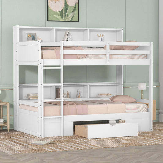 Organized Twin Wood Bunk Bed with Built-In Shelves and Storage Drawer, White | Just Better Bunk Beds