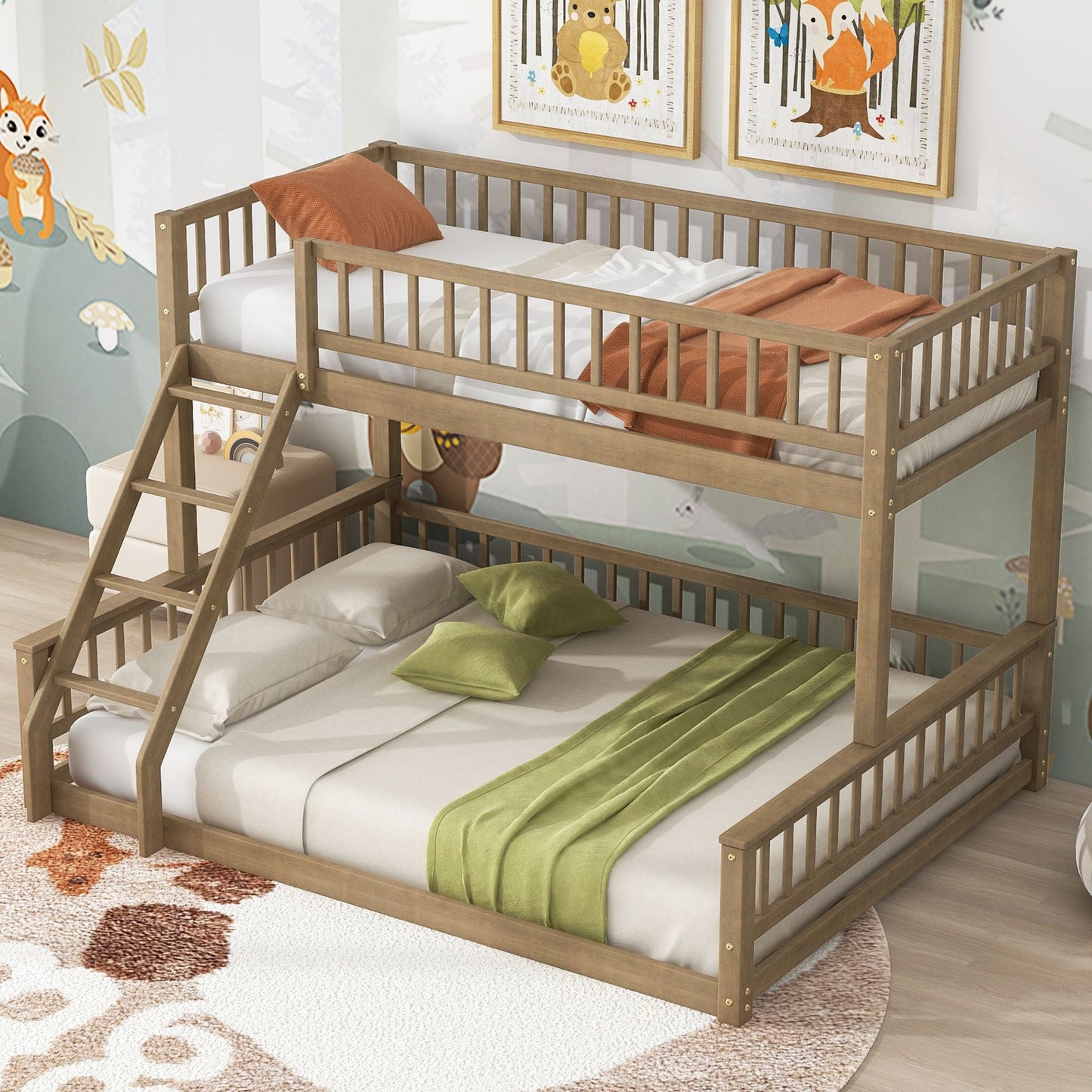 Shared Room Solution Twin XL Over Queen Wood Bunk Bed, Walnut | Just Better Bunk Beds