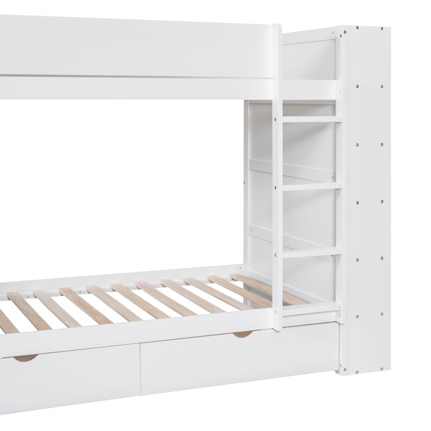 Storage Twin Over Twin Wood Bunk Bed with 2 Drawers and Multi-Layer Cabinet, White | Just Better Bunk Beds