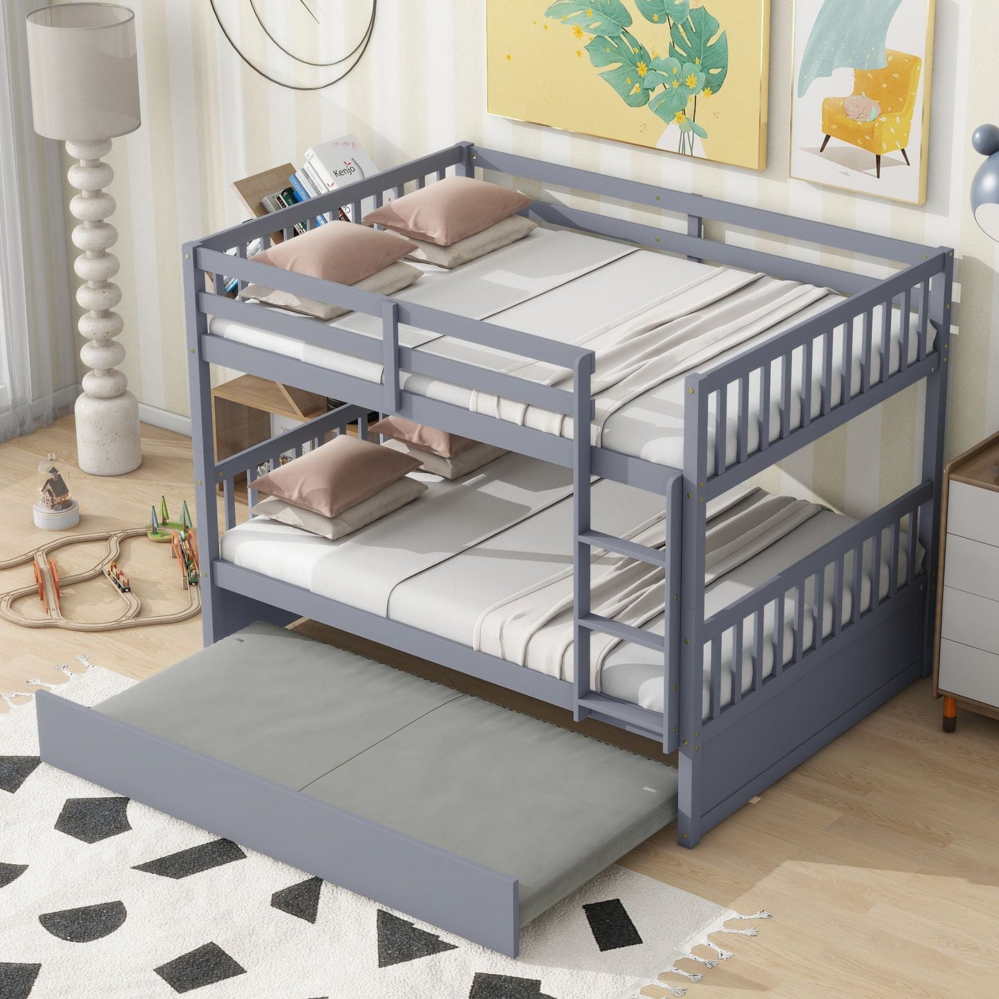 Convertible Full Over Full Wood Bunk Bed with Trundle and Ladder, Gray | Just Better Bunk Beds