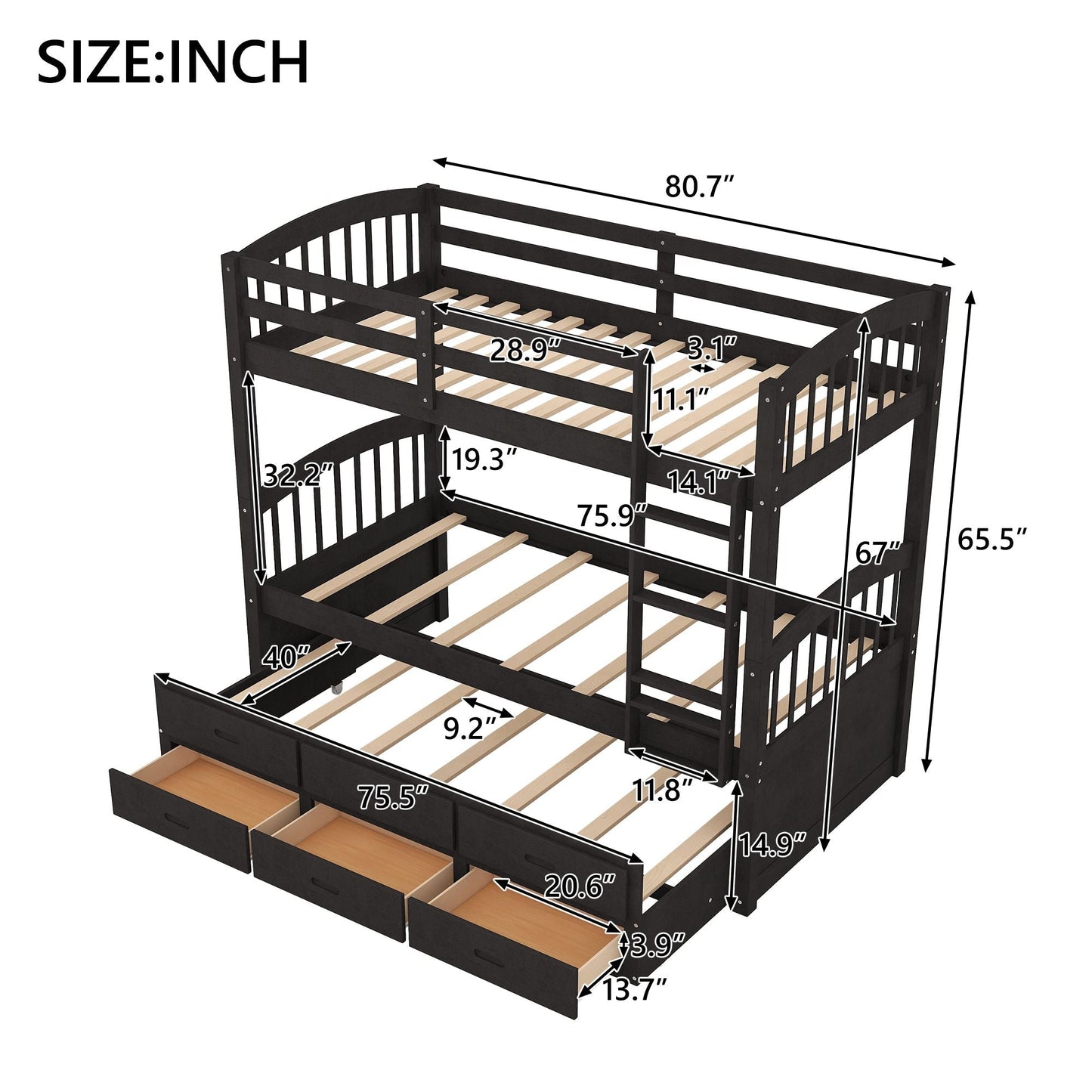 Shared Room Solution Twin Over Twin Wood Bunk Bed with Trundle and Drawers, Espresso | Just Better Bunk Beds