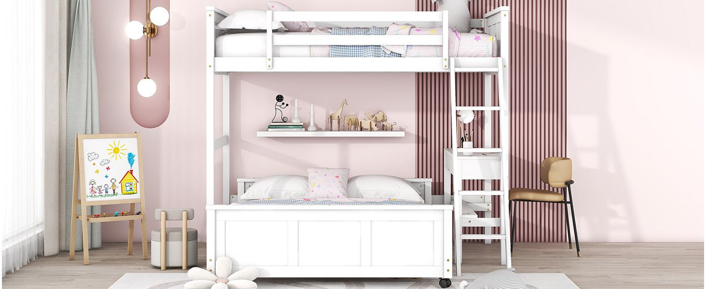 Study Space Twin Over Full Wood Bunk Bed with Desk, White | Just Better Bunk Beds