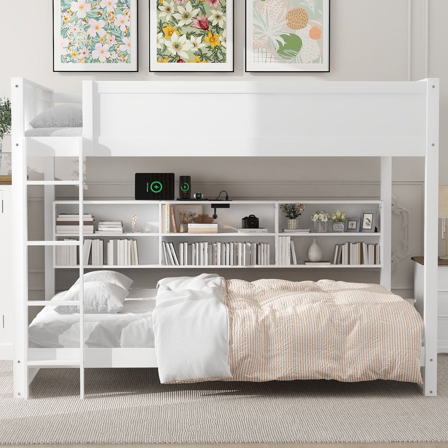 Shared Room Solution Queen Over Queen Wood Bunk Bed with Storage and USB Ports, White | Just Better Bunk Beds