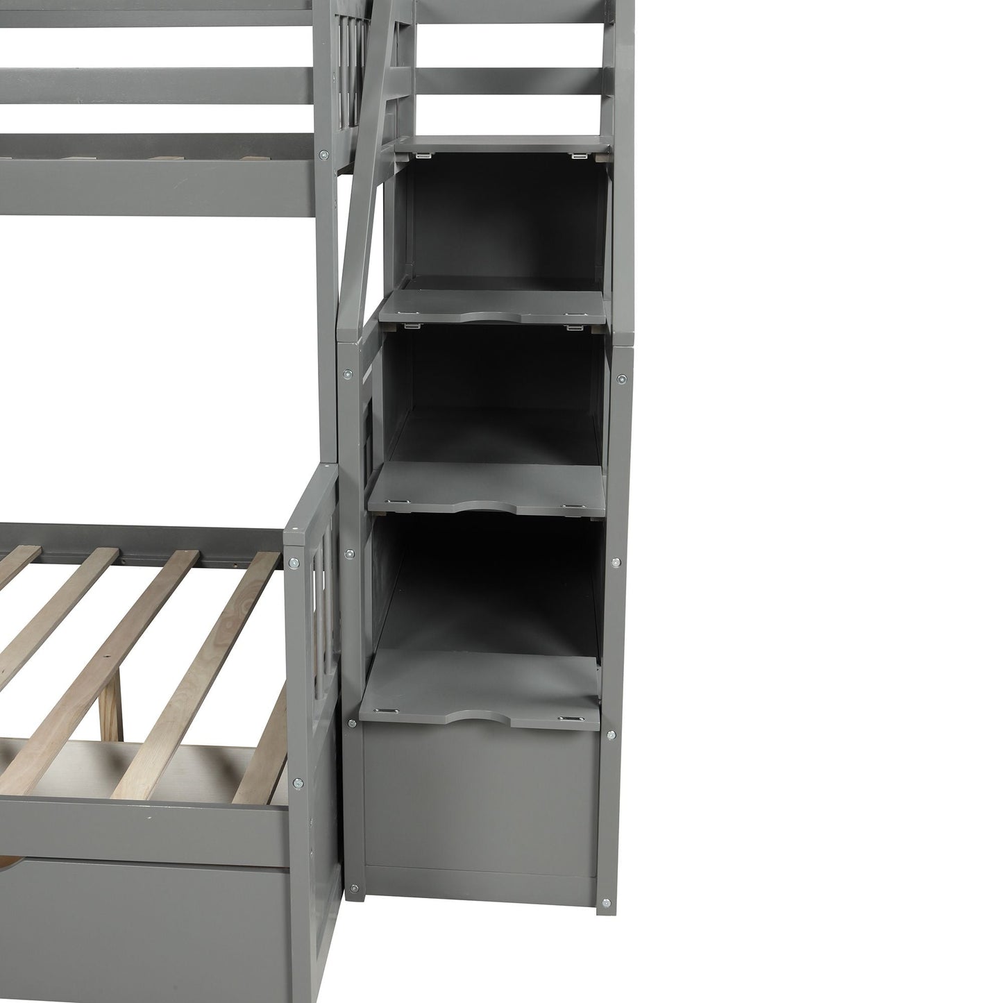 Multifunction Twin Over Full Wood Bunk Bed with Drawers, Storage and Slide, Gray | Just Better Bunk Beds