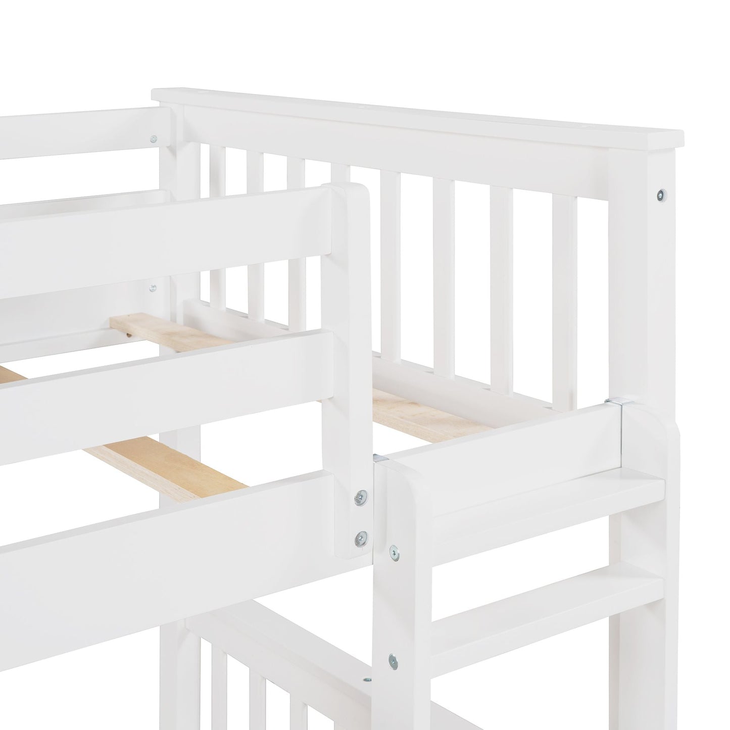 Storage-Enhanced Twin Over Twin Wood Bunk Bed with Ladders, Two Drawers, White | Just Better Bunk Beds