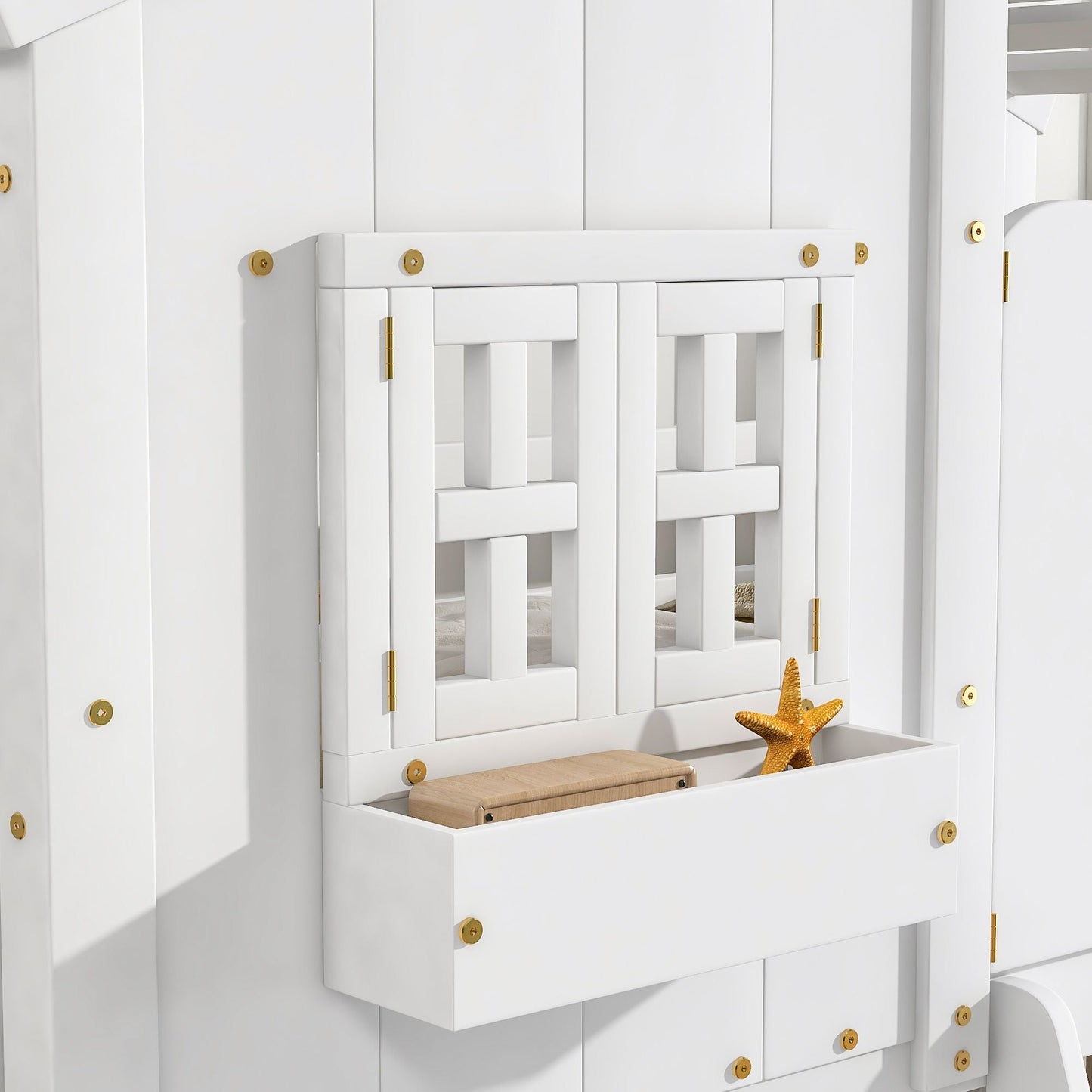House-Style Twin Over Twin Wood Bunk Bed with Roof, Window, Door, and Ladder, Multiple Colors | Just Better Bunk Beds