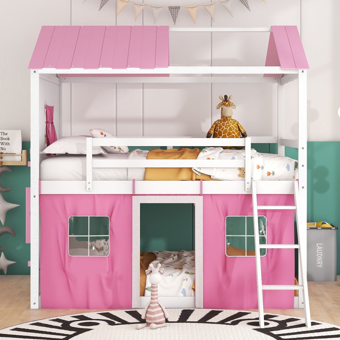 House-Style Full Wood Bunk Bed with Windows, Sills and Tent, Pink and White | Just Better Bunk Beds