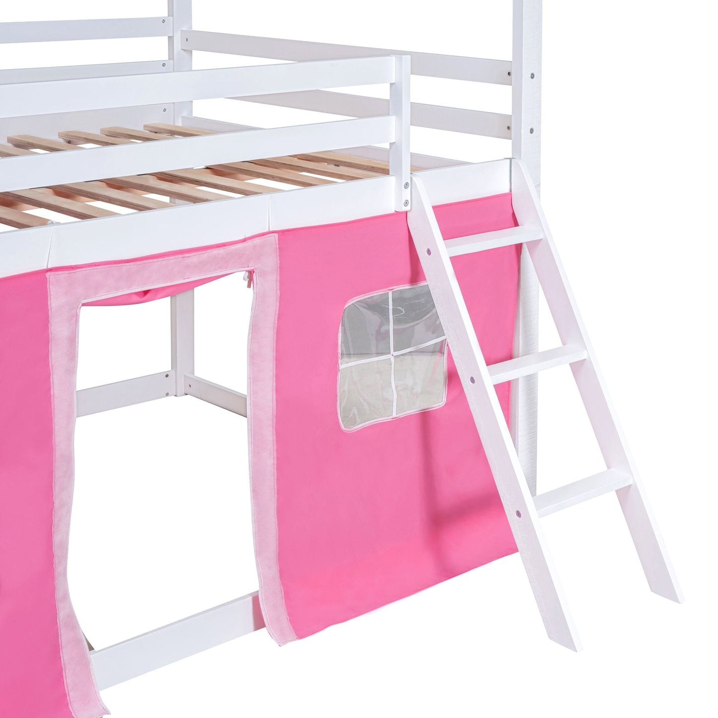 House-Style Full Wood Bunk Bed with Windows, Sills and Tent, Pink and White | Just Better Bunk Beds
