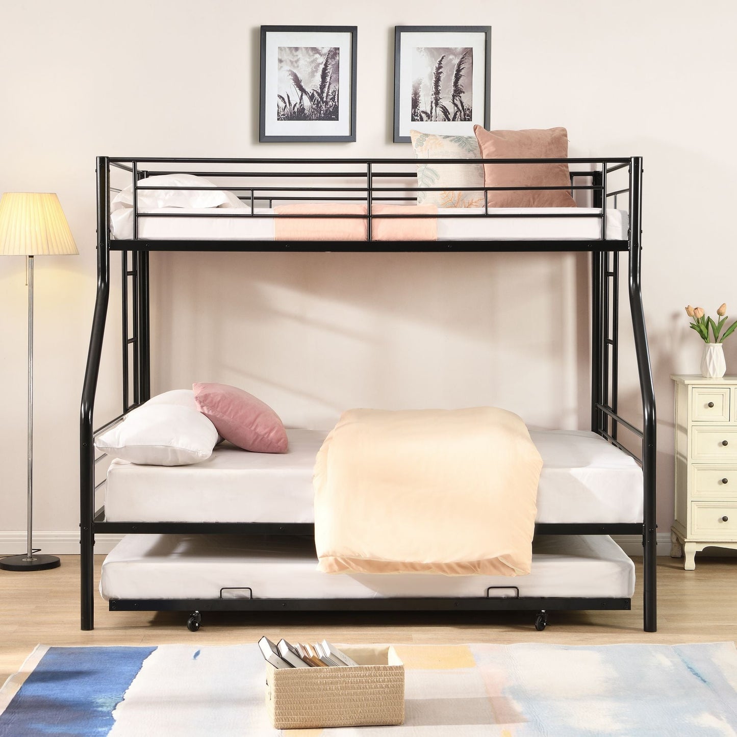 Twin Over Full with trundle Metal Bunk Bed ,  No Box Spring Needed,  Easy Assemble