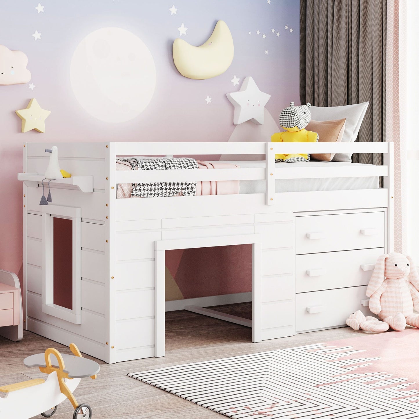Kids Bedroom Twin Wood Loft Bed with Cabinet and Shelf, White | Just Better Bunk Beds